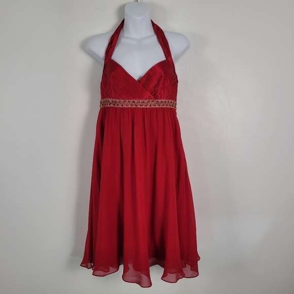 Adrianna Papell Scarlett Red Beaded Waist Pleated Bust Cocktail Dress - Picture 1 of 13